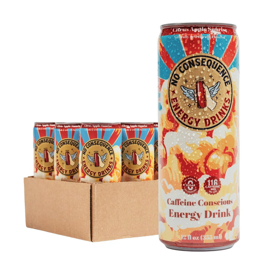 Citrus Apple Sunrise can beside a 12-pack case