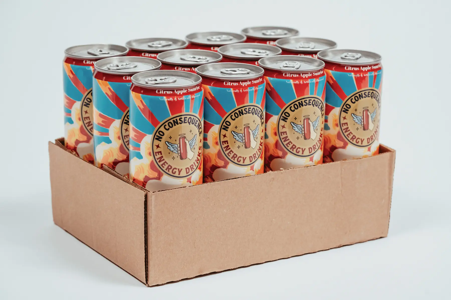 No Consequence Citrus Apple Sunrise cans arranged on a white surface